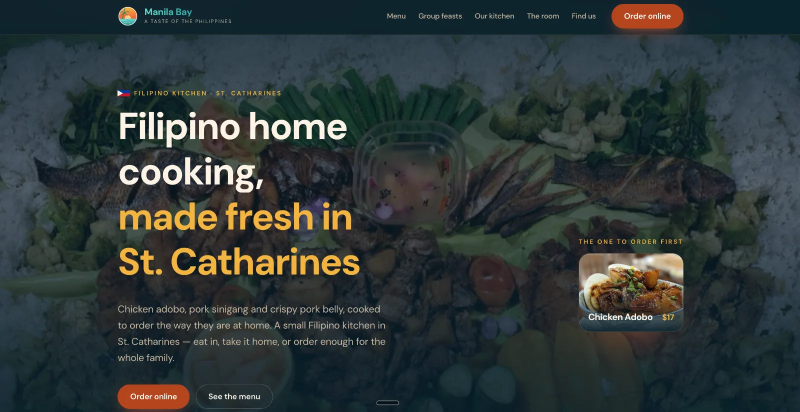 Concept build: Filipino restaurant website design for Manila Bay, a business we invented for the example.
